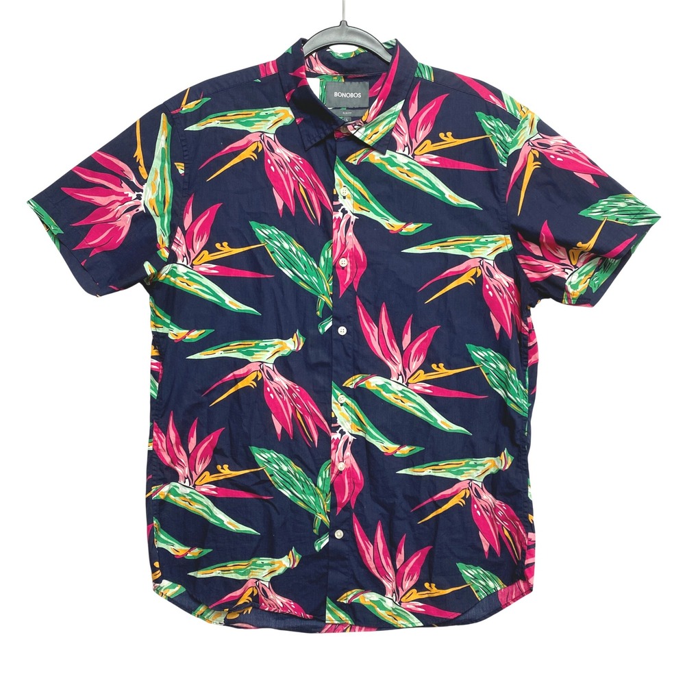 Bonobos Shirt Mens L Navy Pink Slim Fit Button Down Bird of Paradise Floral